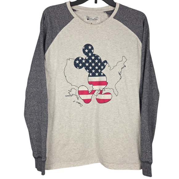 Disney Parks American Adventure Raglan Long Sleeve Mickey USA Flag Gray Medium - Picture 2 of 8